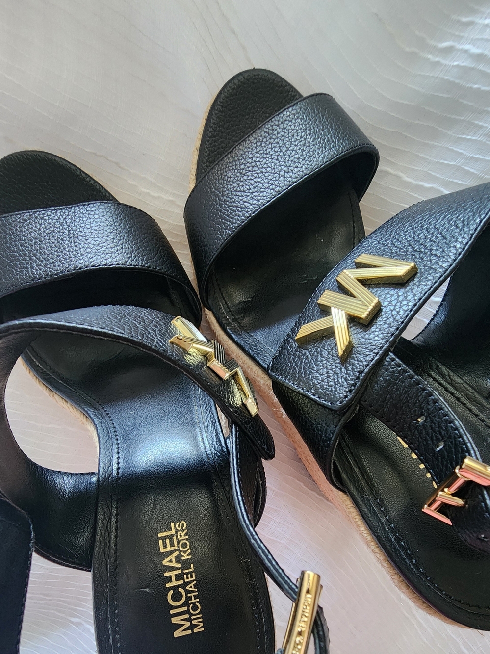 Michael Kors Black Leather Espadrille Wedge Sandals with Gold MK - Picture 3 of 5